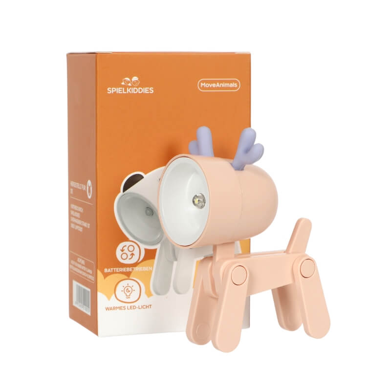 Veilleuse LED rose pastel en forme de renne avec bois violets, parfaite pour une chambre d’enfant.