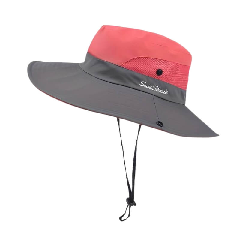 Chapeau de soleil rose vif et gris SunShade avec maille filet et bord incurvé.