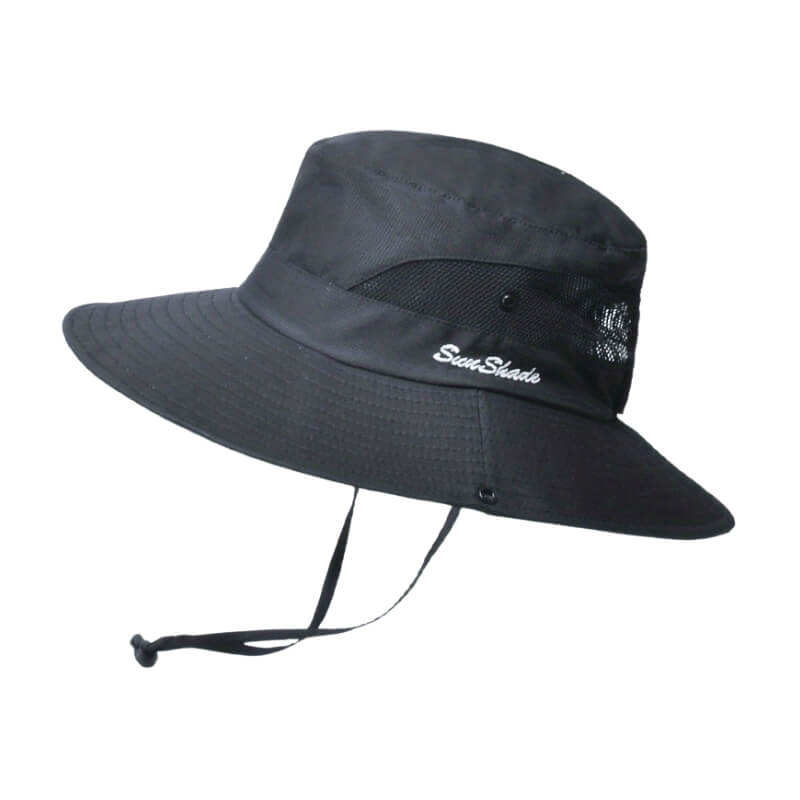 Chapeau de soleil beige clair et gris SunShade avec large bord et filet blanc.