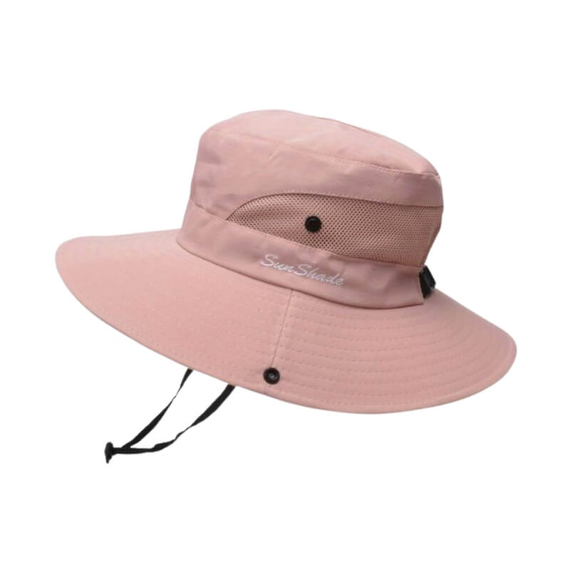 Chapeau de soleil beige clair et gris SunShade avec large bord et filet blanc.