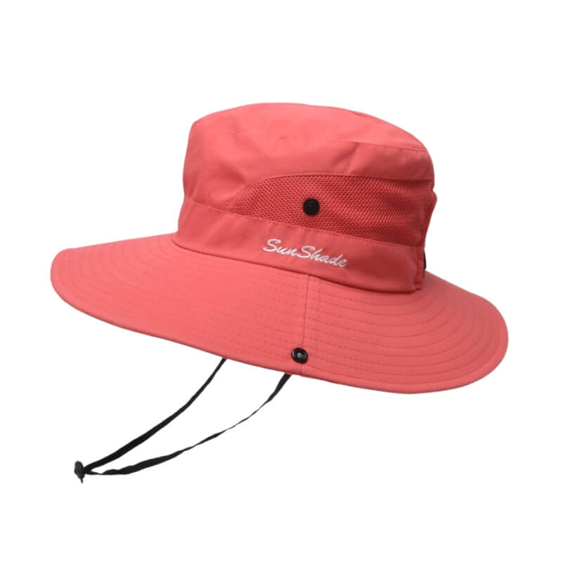 Chapeau de soleil beige clair et gris SunShade avec large bord et filet blanc.