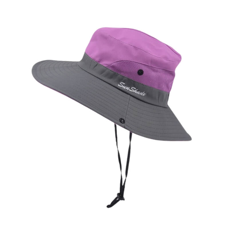 Chapeau de soleil anti-UV violet et gris SunShade avec cordon réglable.