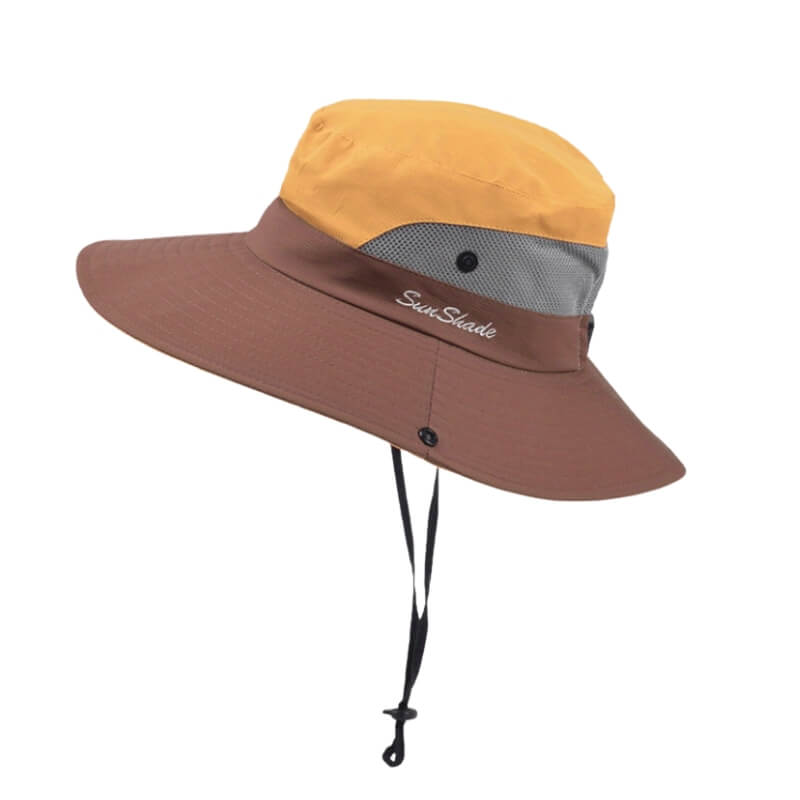 Chapeau de soleil jaune et marron SunShade avec filet gris respirant et cordon.