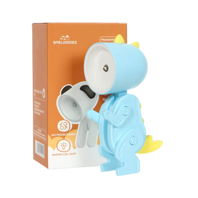 Lampe LED dinosaure bleu ciel avec détails jaunes, jouet lumineux articulé devant packaging Spielkiddies.