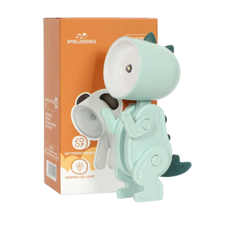 Lampe LED dinosaure vert clair avec crêtes vert foncé, design articulé Spielkiddies, lumière chaude, boîte incluse.
