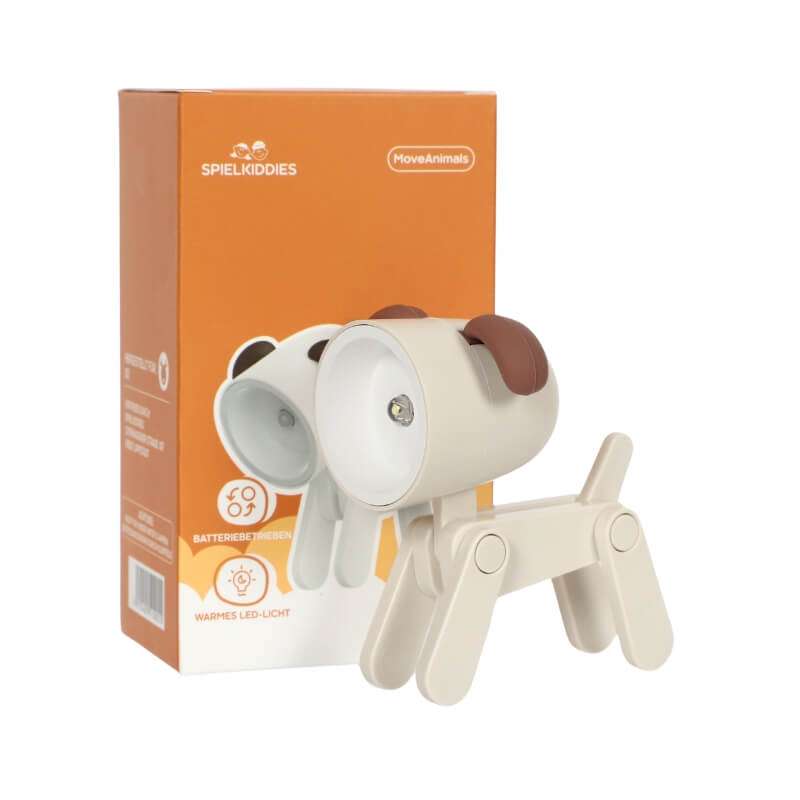 Lampe LED chien beige/blanc avec oreilles marron, modèle MoveAnimals Spielkiddies, devant la boîte d'origine.