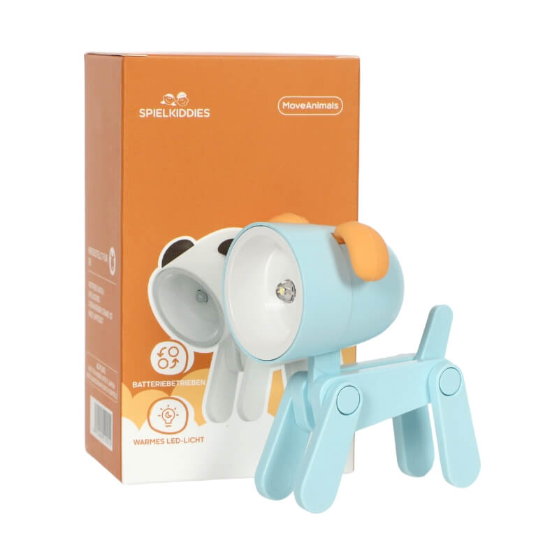 Lampe LED chien bleu ciel avec oreilles orange, design mignon Spielkiddies, lumière chaude, devant packaging.