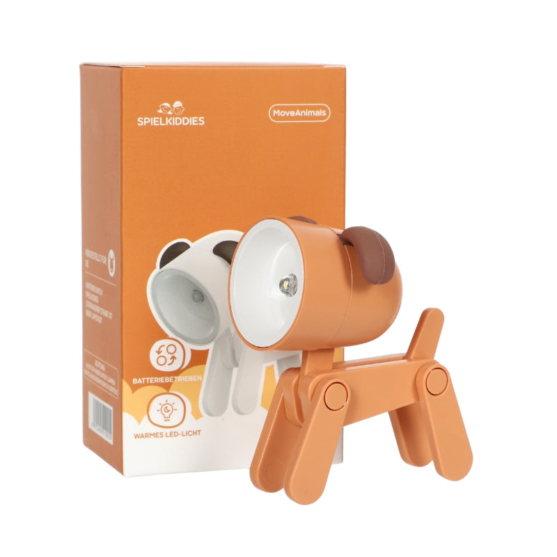 Lampe LED marron clair en forme de chien avec oreilles foncées, fonctionnant à piles et au style amusant.