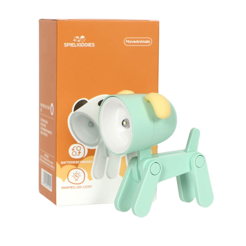 Lampe LED chien vert menthe avec oreilles jaunes, design Spielkiddies, éclairage chaud, devant sa boîte.