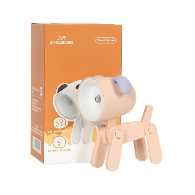 Lampe LED chien rose pastel avec oreilles violettes, style jouet articulé, packaging Spielkiddies.