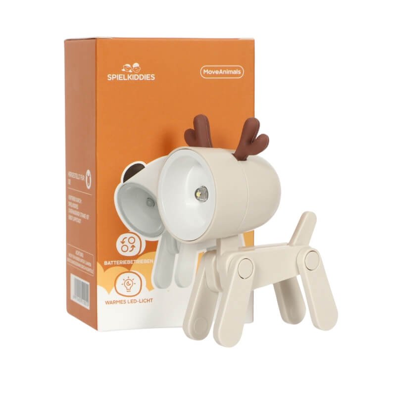 Lampe LED renne beige/blanc avec bois marron, lumière chaude, modèle MoveAnimals par Spielkiddies.