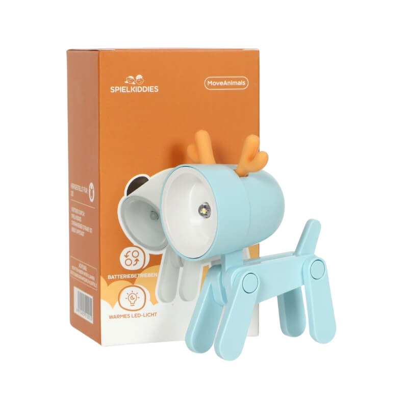 Lampe LED renne bleu ciel avec bois orange, jouet lumineux pour enfants, emballée par Spielkiddies.