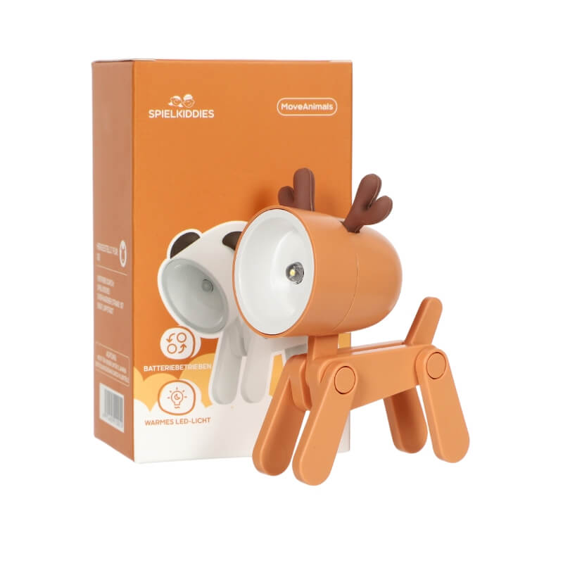 Lampe LED renne marron avec bois foncés, design articulé Spielkiddies, lumière chaude, devant la boîte MoveAnimals.