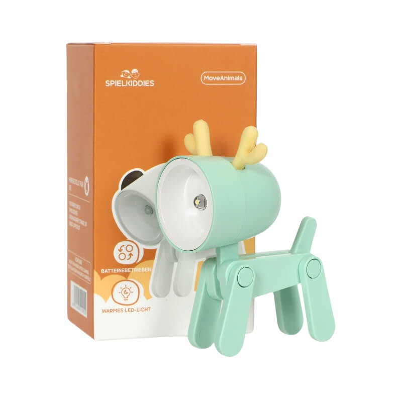 Lampe LED vert menthe en forme de renne avec lumière chaude et design ludique pour enfants.