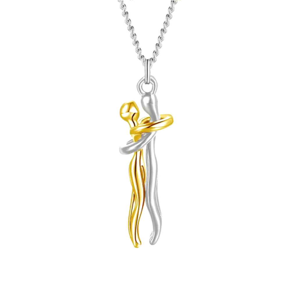 Collier pendentif étreinte en acier inoxydable bicolore doré et argenté – Design symbolique amour