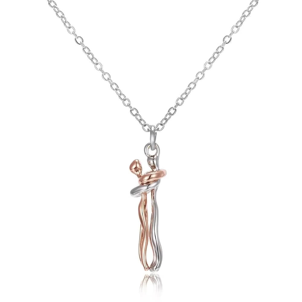 Collier pendentif étreinte en acier inoxydable argenté et or rose – Bijou élégant symbolisant l’amour
