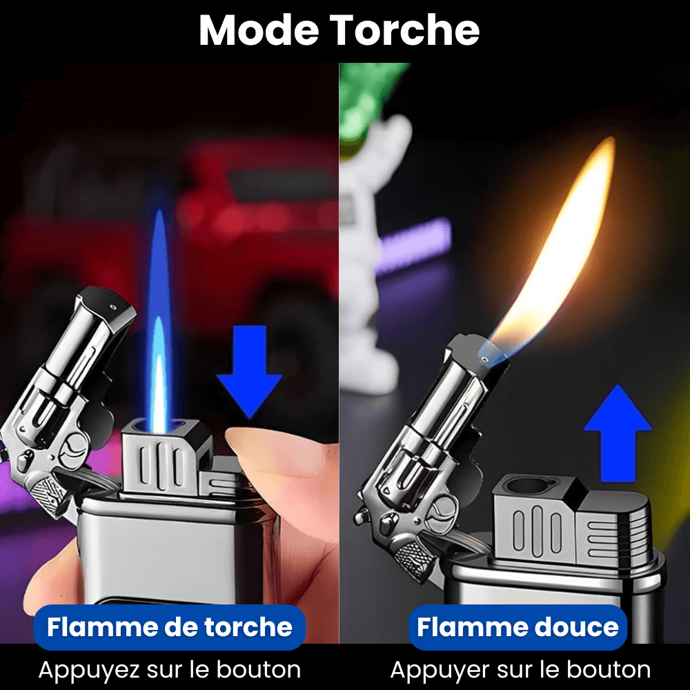 Briquet torche avec double mode : flamme bleue puissante et flamme douce, activé par bouton poussoir.