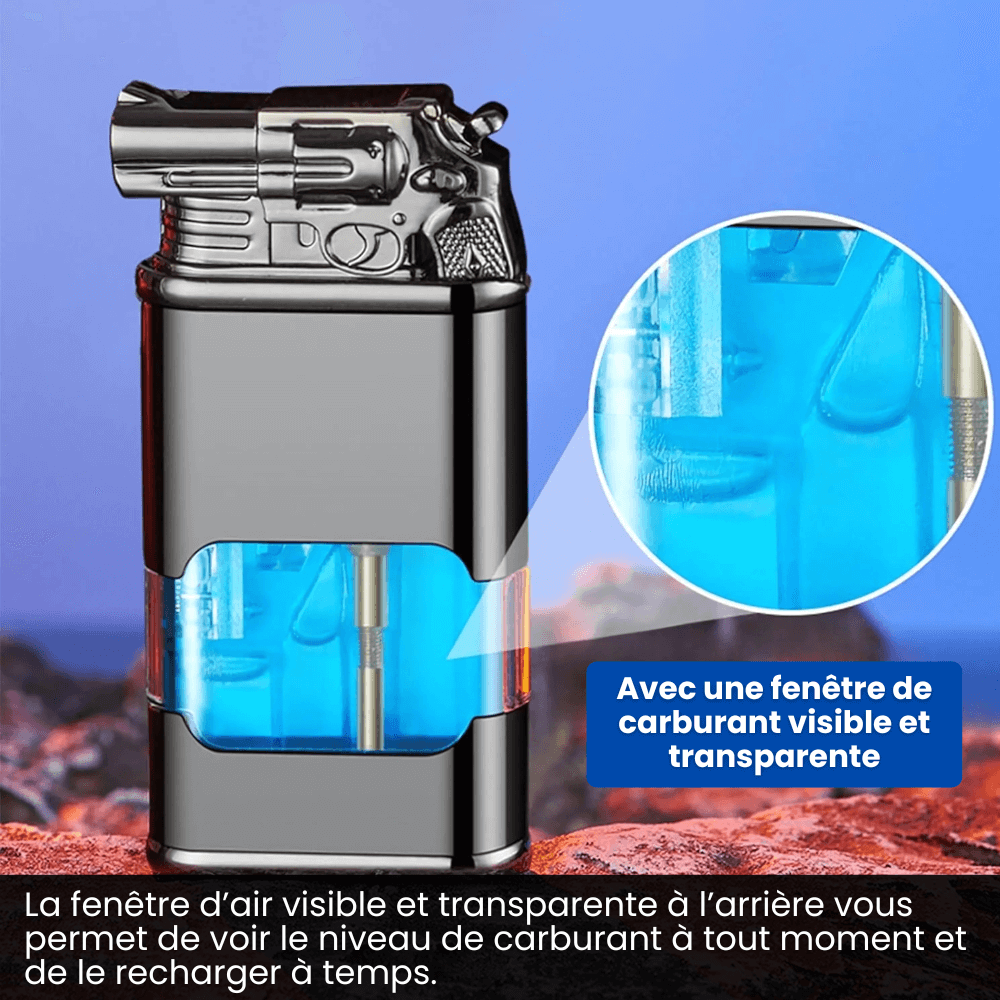Briquet pistolet avec fenêtre de carburant transparente et visible pour surveiller le niveau de gaz facilement.