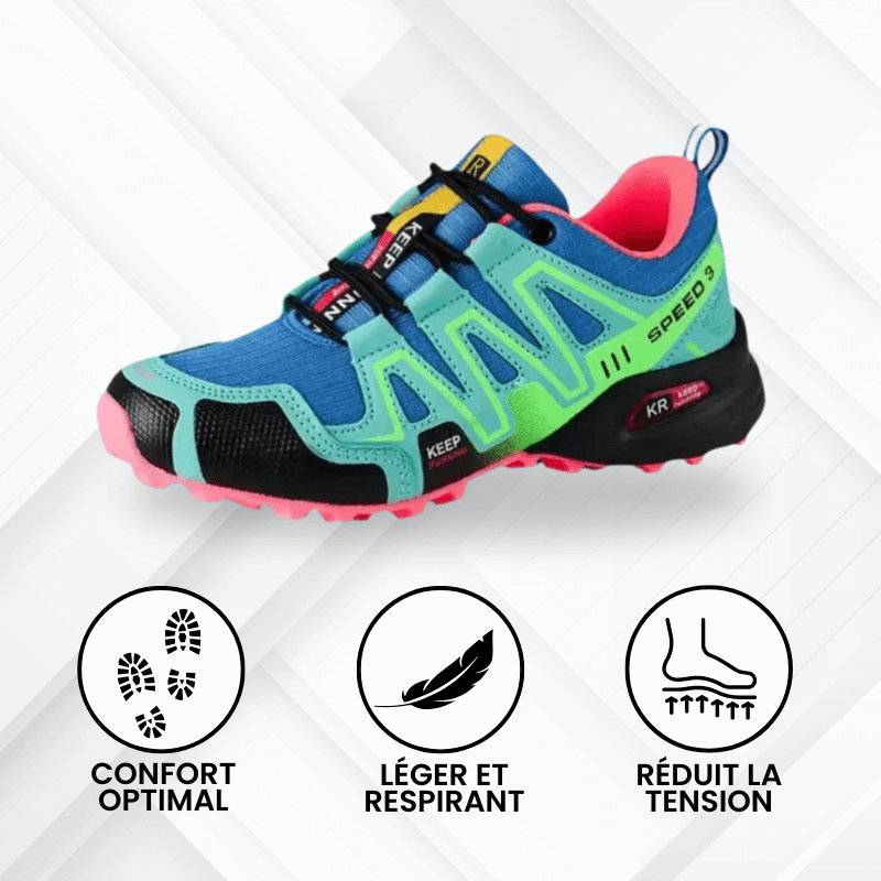 Chaussures sport Monreux OrthoTrek bleu et vert – confort optimal, amorti anti-fatigue et design respirant.