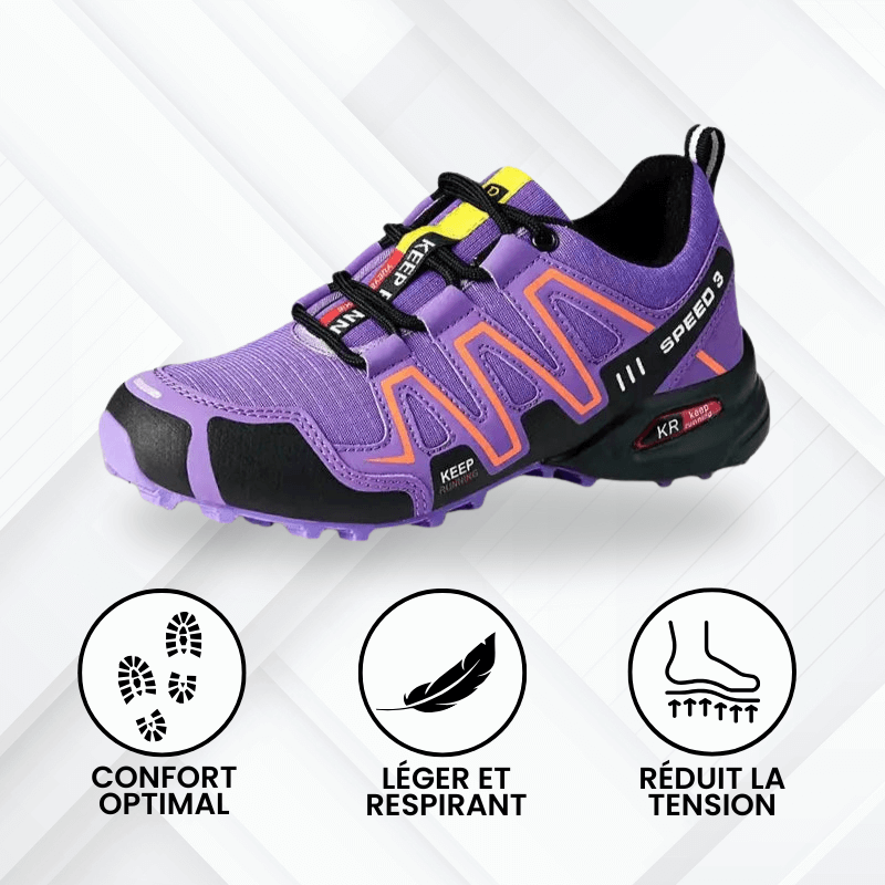 Chaussures de trail Monreux OrthoTrek violettes – chaussures légères et respirantes avec maintien ergonomique.