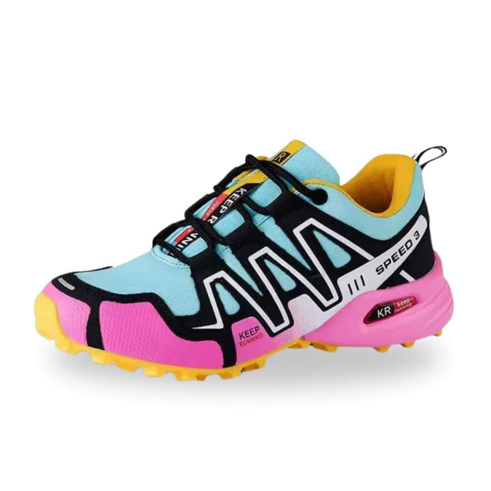 Chaussures de randonnée Monreux OrthoTrek bleu turquoise et rose, style dynamique pour femme.