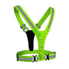 Harnais de sécurité LED vert fluo avec bandes réfléchissantes haute visibilité et bouton marche/arrêt.