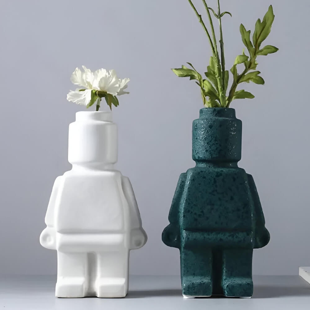 Duo de vases LEGO vert et blanc avec fleurs décoratives – style minimaliste